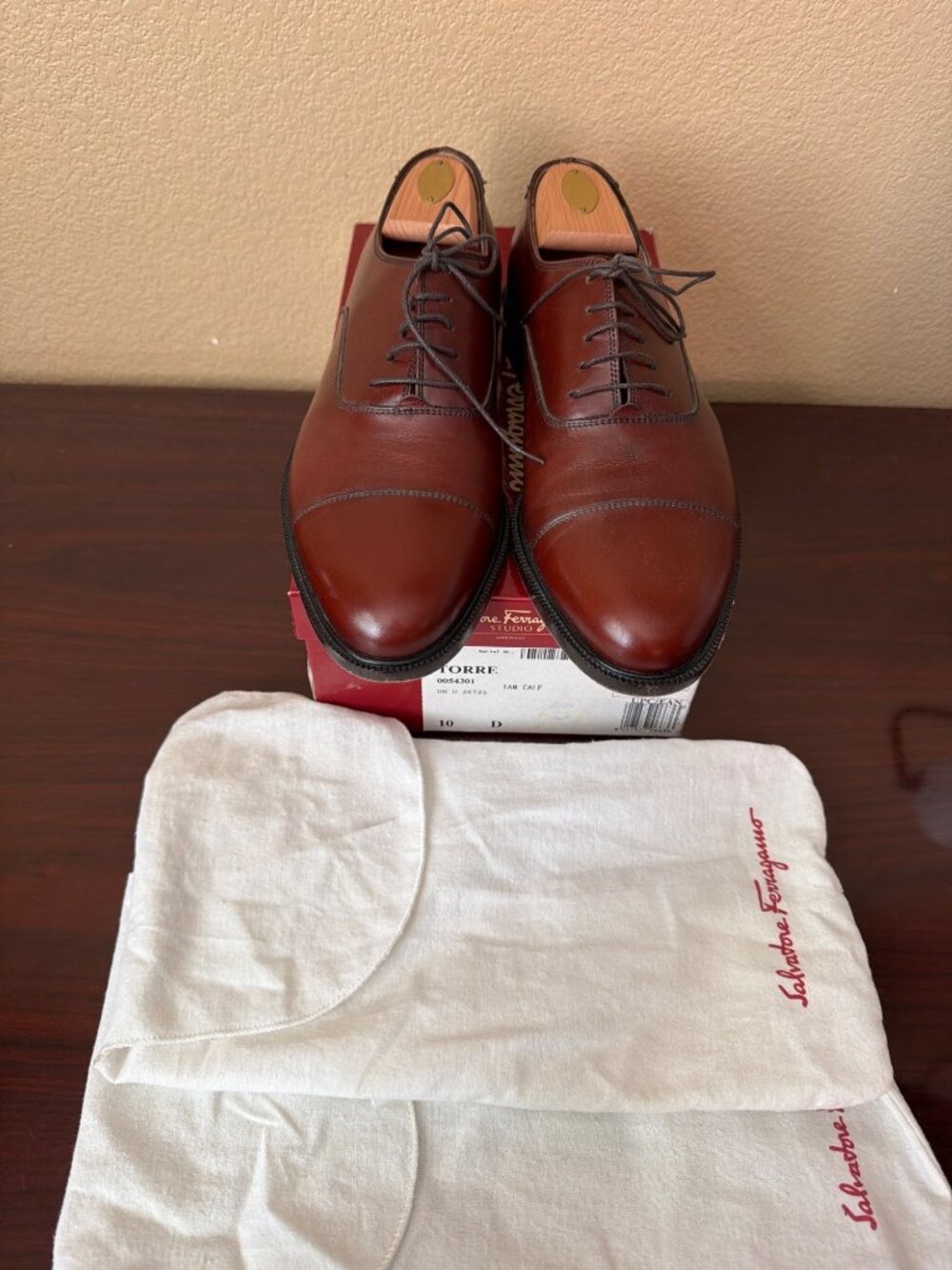 VTG Salvatore Ferragamo "Torre" Men's Tan Leather Cap Toe Oxfords Sz 10 w/Box - Picture 14 of 16
